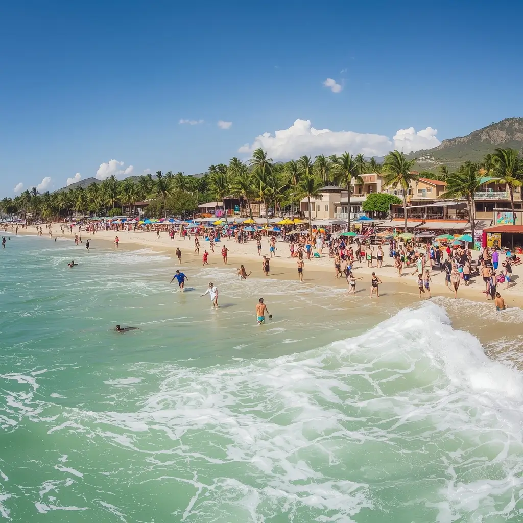 Crowds enjoying the sun, surf, and vibrant atmosphere at Máncora, one of the most popular Peru Beaches.
