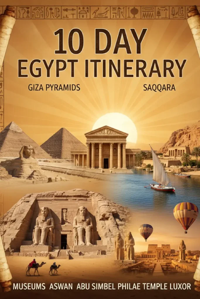 10 day Egypt itinerary infographic showing ancient papyrus design with Giza Pyramids, Sphinx, Abu Simbel temples, Luxor monuments, Aswan Philae Temple, Nile felucca boats, hot air balloons, and hieroglyphics border displaying complete Egypt travel destinations