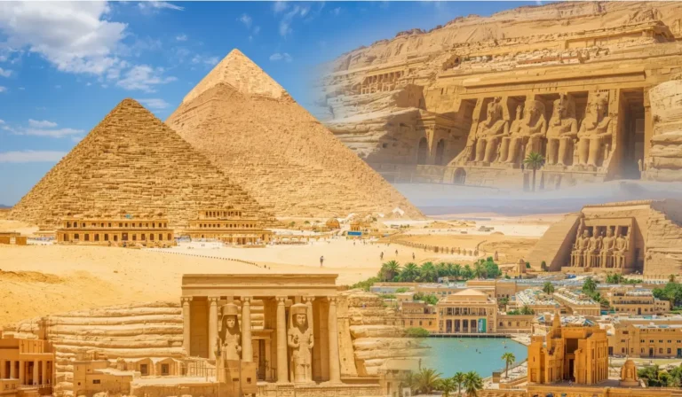 Composite image showing Egypt's top destinations for a 10 day Egypt itinerary including Pyramids of Giza, Abu Simbel temple, Sphinx, and traditional Nile River town with golden desert landscapes under blue sky