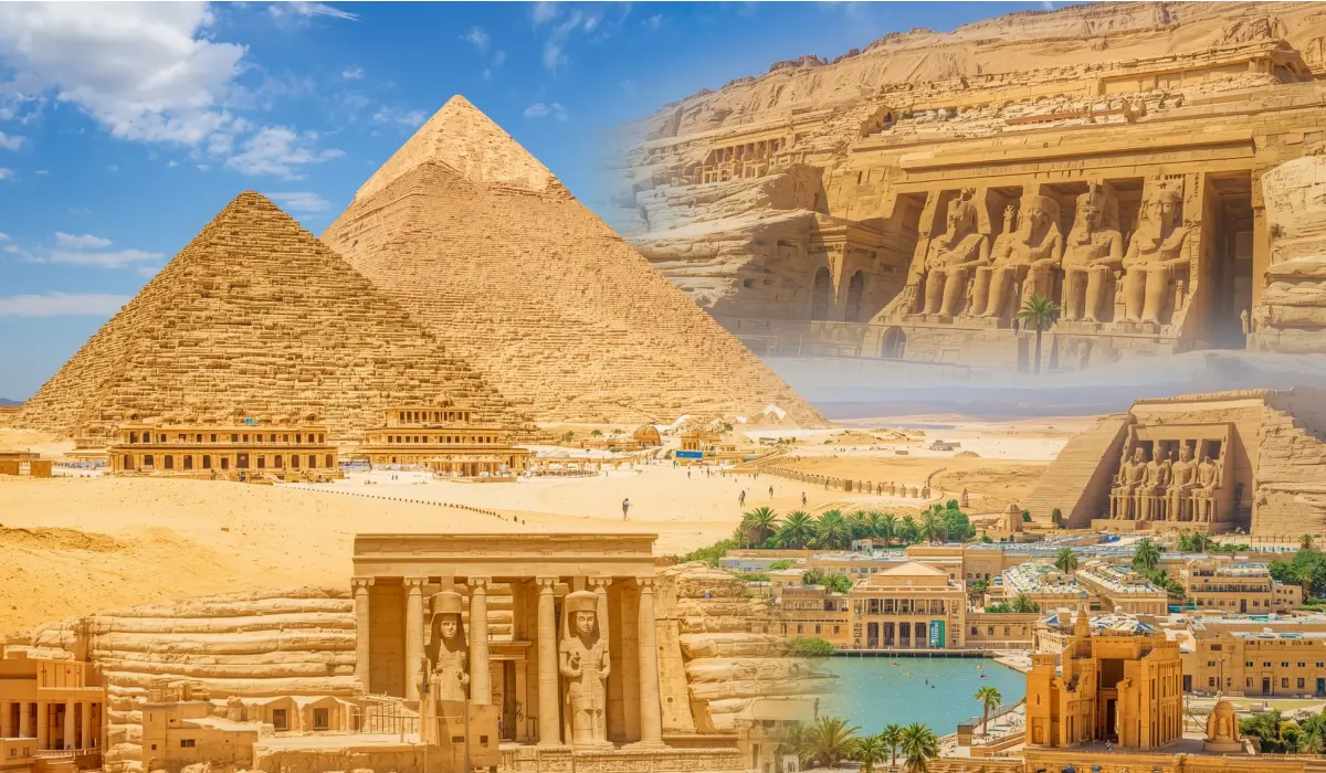 Composite image showing Egypt's top destinations for a 10 day Egypt itinerary including Pyramids of Giza, Abu Simbel temple, Sphinx, and traditional Nile River town with golden desert landscapes under blue sky