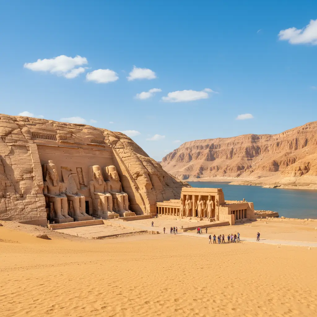 Abu Simbel temples complex showing four colossal Ramesses II statues carved into cliff face beside Lake Nasser with tourists exploring the site during day 3 of 10 day Egypt itinerary expedition from Aswan