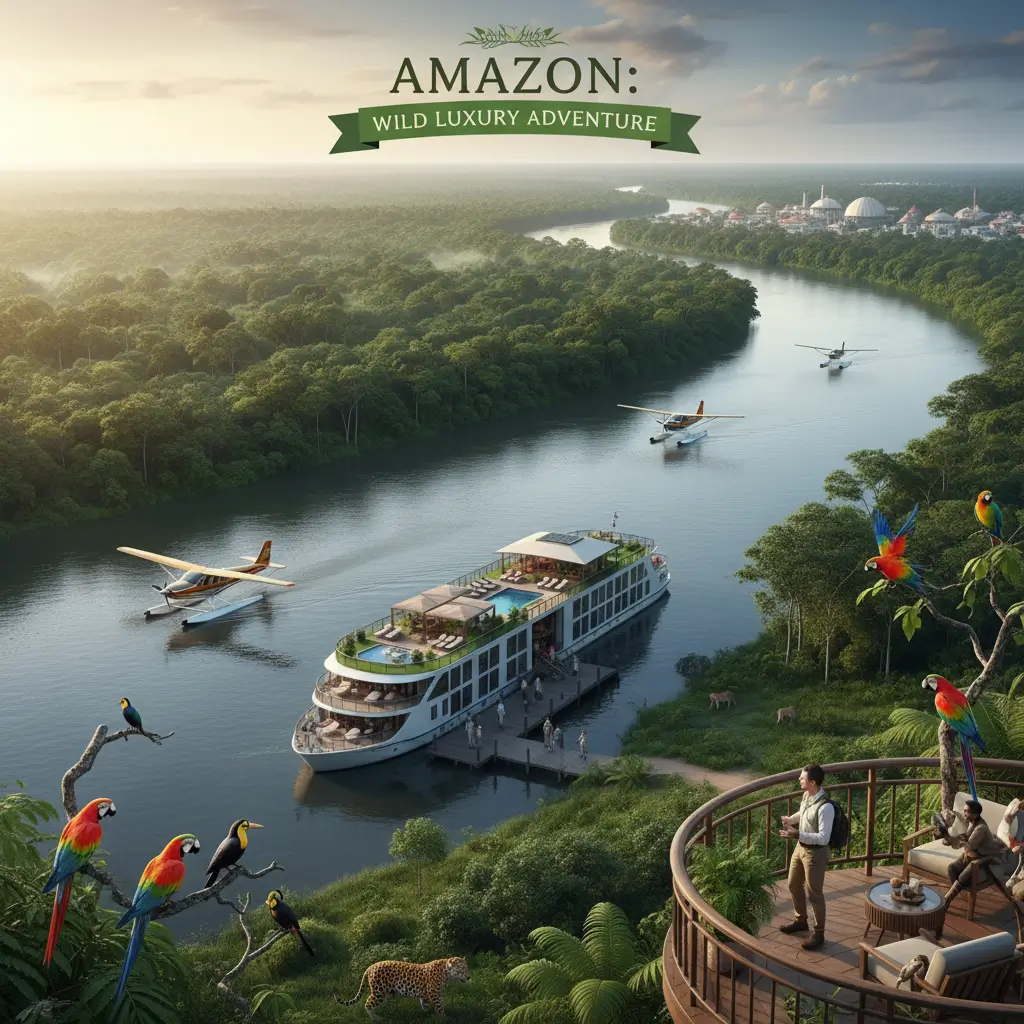 Amazon River luxury cruise ship surrounded by lush rainforest with colorful macaw parrots, toucans, seaplanes, and tourists enjoying wildlife viewing from elegant lodge deck - part of 10 Day Peru Itinerary
