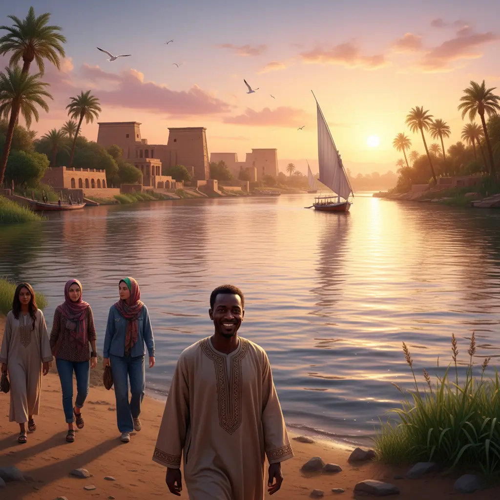 Aswan Nile River sunset scene showing traditional felucca sailboat, Nubian guide with tourists, palm trees, ancient temples silhouette, and golden hour lighting representing peaceful days 3-5 of 10 day Egypt itinerary
