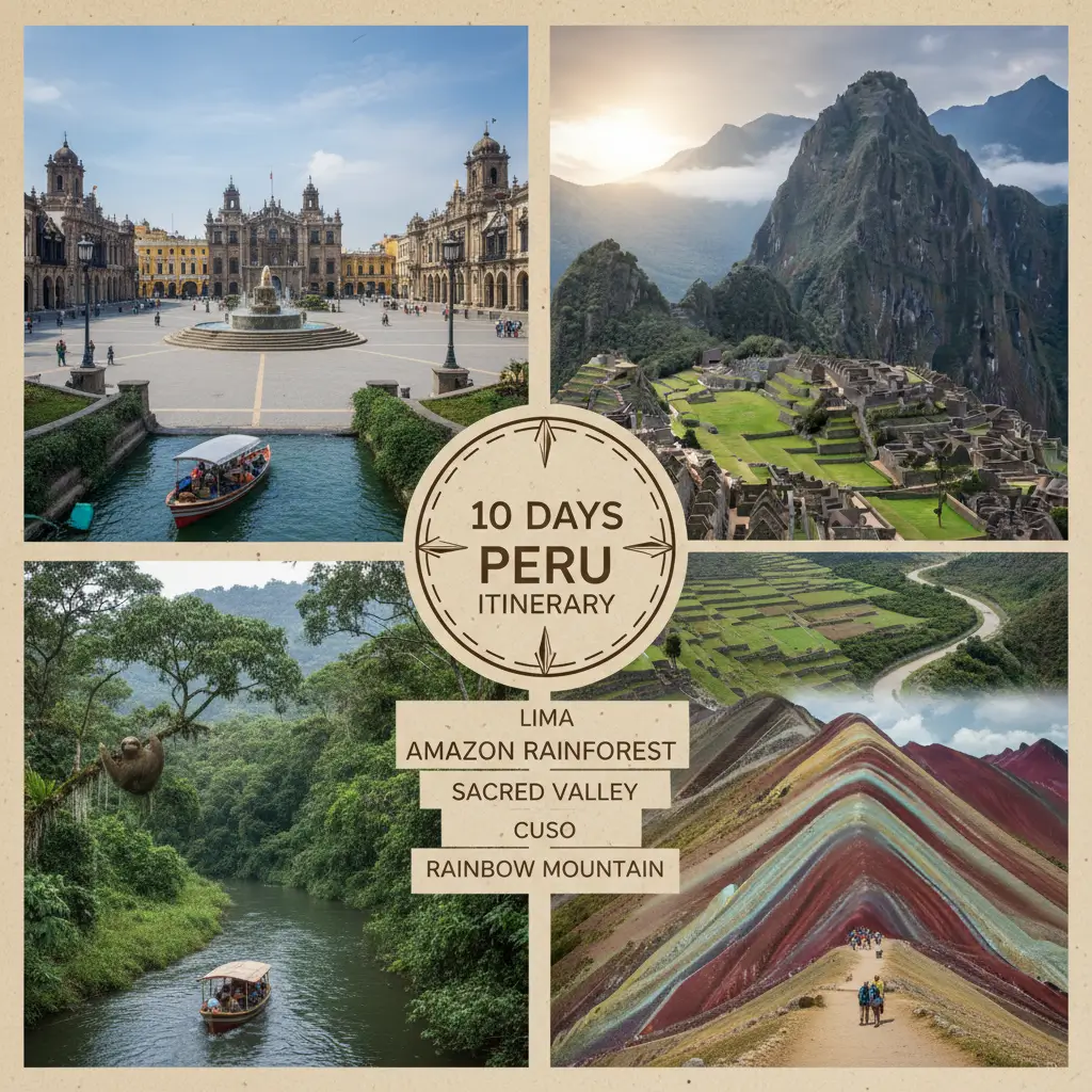 10 Day Peru Itinerary collage showing Lima's Plaza de Armas, Machu Picchu citadel, Amazon rainforest river cruise, Sacred Valley terraces, and Rainbow Mountain's colorful peaks
