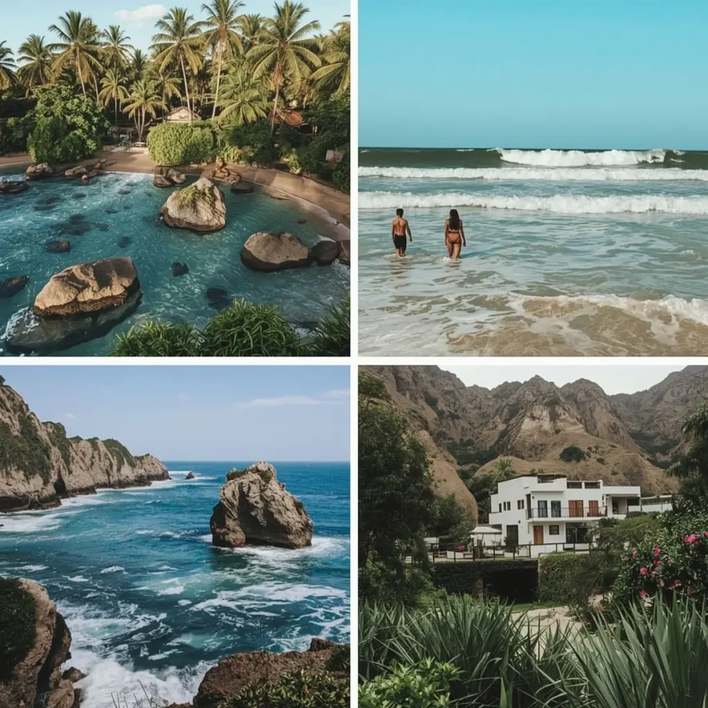 Scenic views of Peru Beaches featuring palm trees, turquoise waters, rocky coastlines, and a modern beachside villa surrounded by mountains.