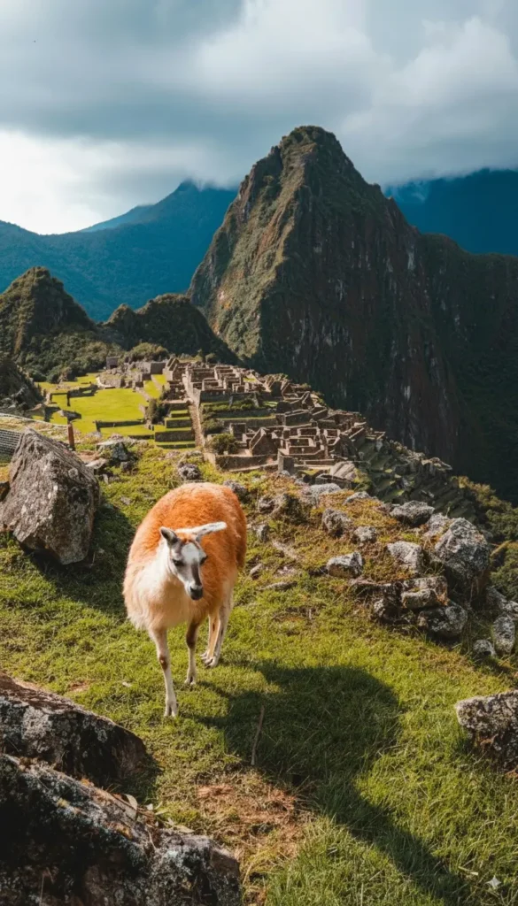 Machu Picchu llama with Huayna Picchu mountain backdrop showing ancient Inca ruins terraces and dramatic Andean peaks under cloudy sky
