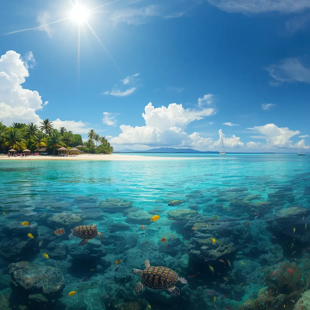 Punta Sal, a tranquil paradise in Peru, showcasing stunning beaches, vibrant marine life, and crystal-clear waters with sea turtles and colorful fish swimming amidst the coral reefs.