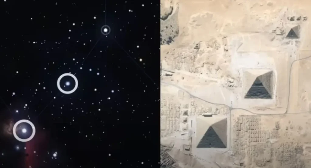 Split image showing Orion constellation stars aligned with aerial view of Pyramids of Giza layout