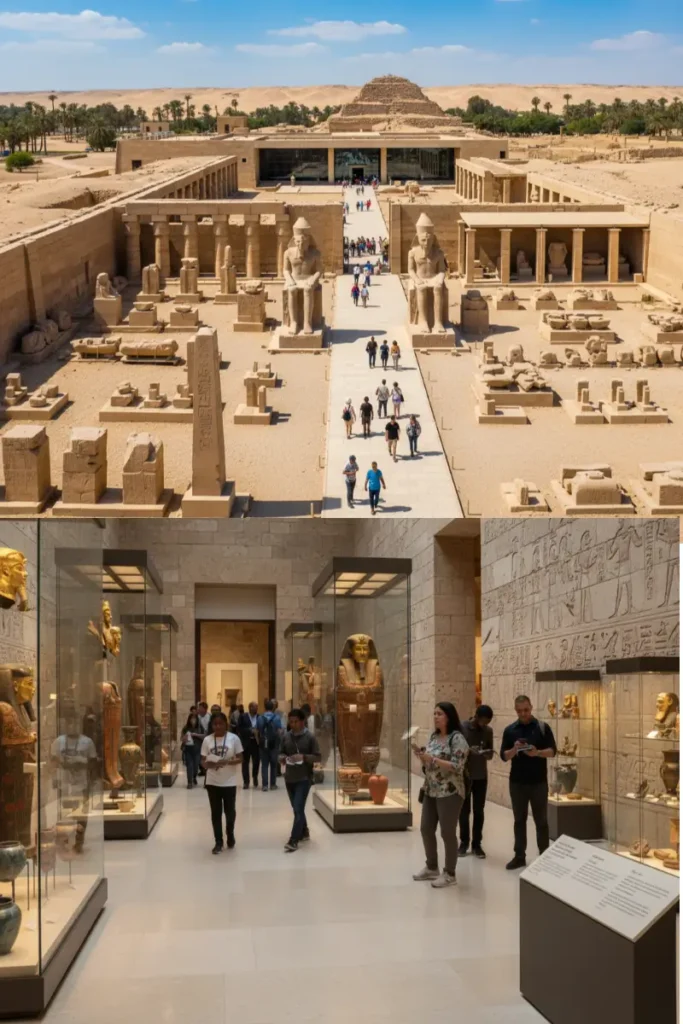 Split image showing Saqqara Step Pyramid complex with tourists exploring ancient ruins and visitors examining Egyptian artifacts in modern museum with hieroglyphic displays and golden pharaoh masks for 10 day Egypt itinerary