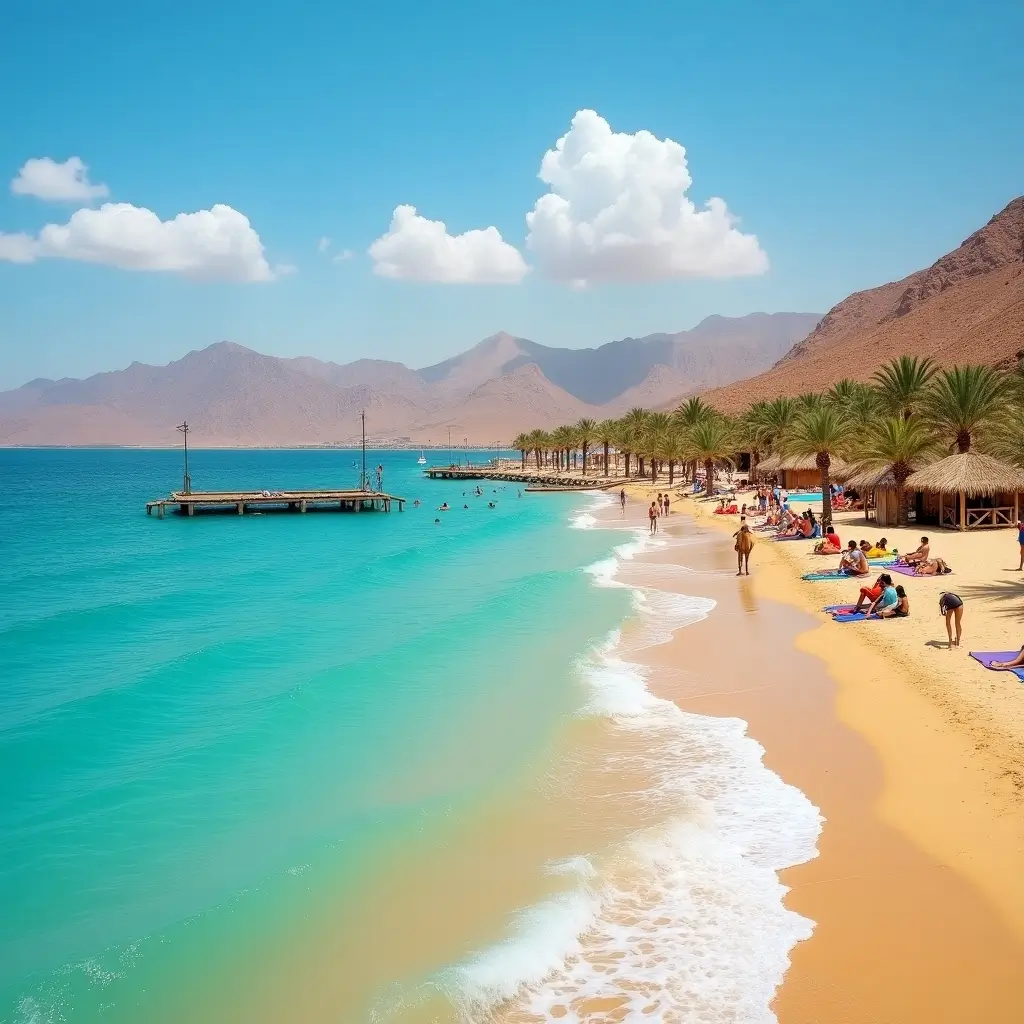 Dahab Egypt beaches with turquoise water, golden sand, wooden pier and palm trees at Red Sea resort