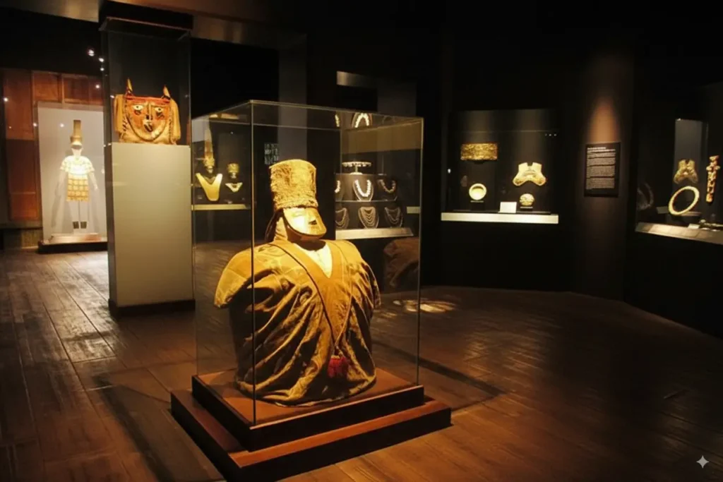 Golden Moche ceremonial figure in elaborate headdress and robes displayed at Larco Museum Peru, surrounded by ancient pre-Columbian gold jewelry and artifacts