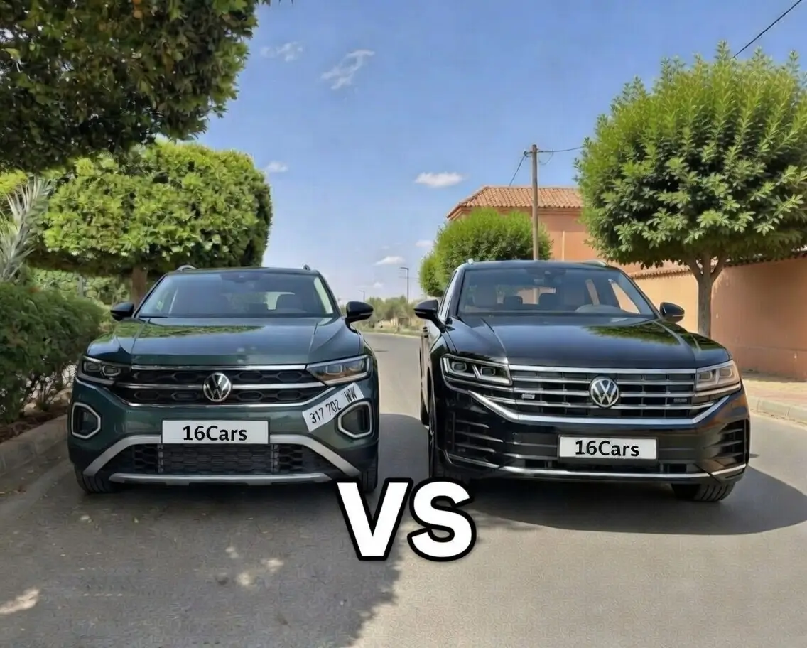 Volkswagen SUV to Rent?Volkswagen T-Roc and Touareg SUVs side by side comparison in Morocco for car rental, showing compact vs luxury VW models available through 16Cars rental fleet